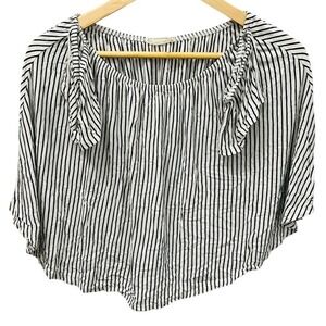 Striped Off Shoulder Ruffle Crop Blouse White Black Tie Sleeve Boho Spring Top M